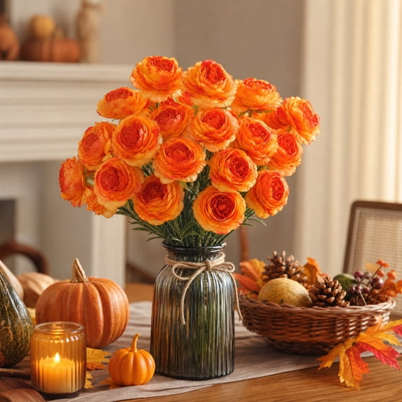 Fufafayo Fall Artificial Flowers Orange Peony Red Carnation Bouquets Autumn Silk Flower Stems Thanksgiving Floral Arrangement Decor for Vase Table Centerpiece Home Party