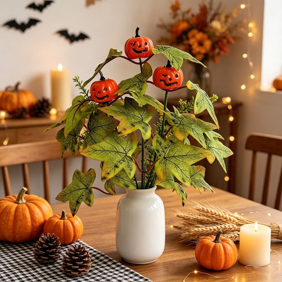 Fufafayo Fall Maple Leaf Pumpkin Pick Stems, Halloween Artificial Lantern Branch, Autumn Fake Foliage Bouquet for Thanksgiving Tabletop Mantel Home Decor Ornament