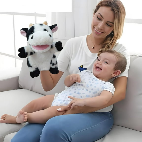 Fufafayo Farm Animal Hand Puppets InteractiveToysFor KidsAdults, Movable Mouth Puppets for Storytelling Role Play Performance, Soft Plush Cow Puppet for Classroom Home Daycare
