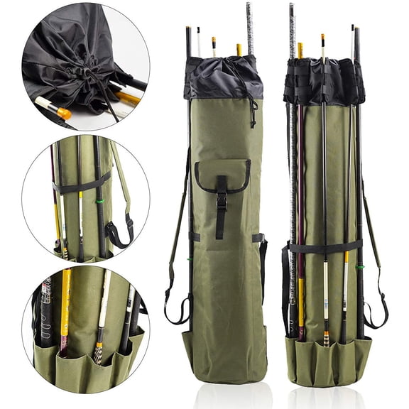 Fufafayo Fishing Rod Carrier Holds 5 Poles, Multifunctional Fishing Reel Organizer, Large Capacity Foldable Travel Case, Tackle Box and Gear Storage Bag for Outdoor Fishing Family Father