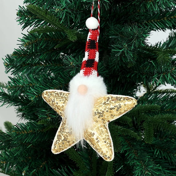 Fufafayo Gnome Star Christmas Hanging Decor Shiny Sequin Tree Ornament Faceless Gnome with Plaid Hat White Beard for Tree Winter Holiday Indoor Outdoor Decoration