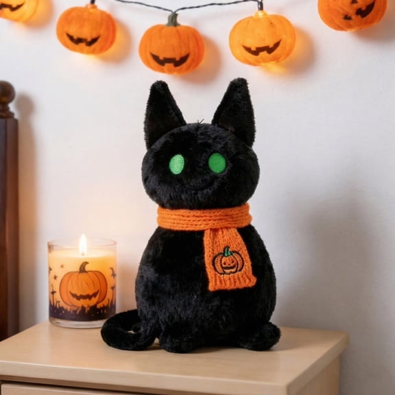 Fufafayo Halloween Black Cat Plush Stuffed Animal Doll, Spooky Scarf Decoration for Home Decor, Cute Soft Plushie Pillow for Bedroom Living Room Gift