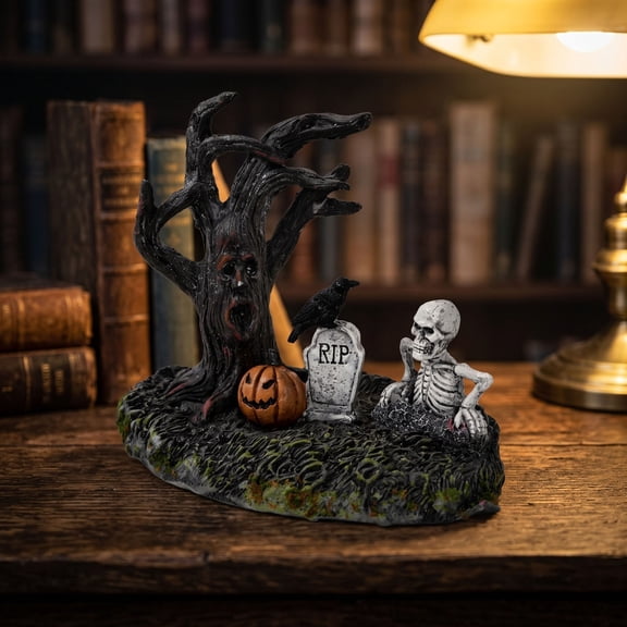 Fufafayo Halloween Dead Tree Resin Skull Ornament, Spooky Tabletop Decor for Home Party, Haunted Tree Scene Prop for Shelf Mantel Centerpiece