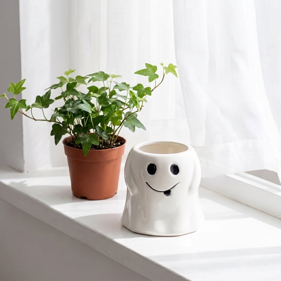 Fufafayo Halloween Ghost Ceramic Planter Set Of 3, Cute Facial Expressions Small Succulents Pots for Indoor Tabletop Decor, Boho Ghost Shaped Flower Container for Shelf Desk Office