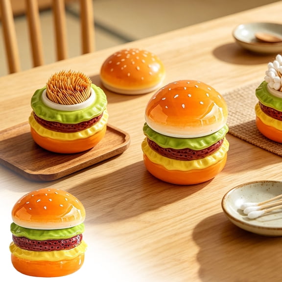 Fufafayo Hamburger Toothpick Holder, Ceramic Toothpick Dispenser With Lid and 100 Toothpicks, Cute Kitchen Organizer and Decorative Jar for Countertop, Dining Table or Bar, Fun and Unique Home Gift