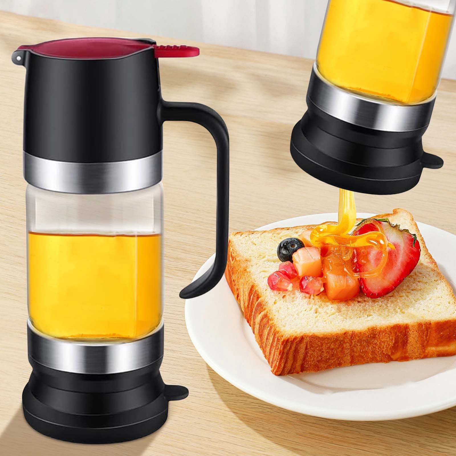 Fufafayo High Borosilicate Glass Honey Bottle Honey Dispenser No Drip, Press Action Honey Pot, Kitchen Countertop Syrup Dispenser, Bee Honey Jar for Table Dining Room Kitchen
