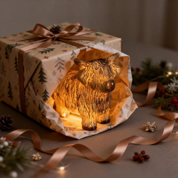 Fufafayo Illuminated Cow Ornament Lamp, Highland Cow Night Light, Resin Cow Table Lamp for Bedroom, Farmhouse Decor Light, Animal Shaped Lamp for Living Room