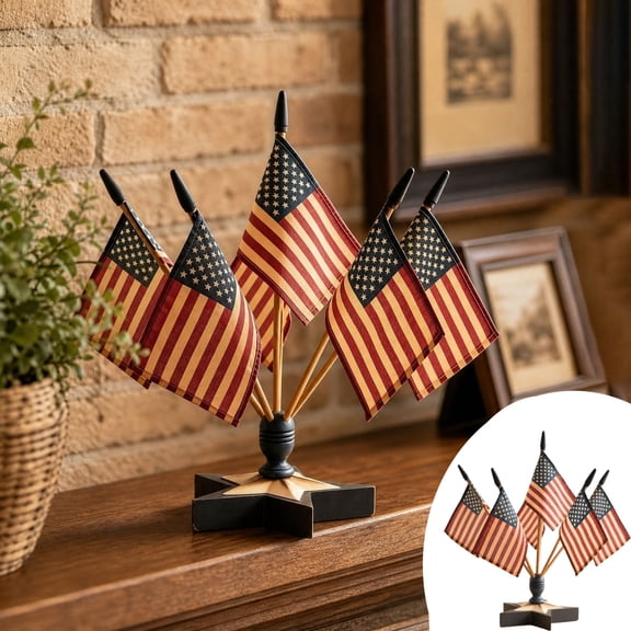 Fufafayo Independence Day Desktop Flag Ornament, Distressed Star Base Flag Decoration for Office Desk, Patriotic 6 Flag Centerpiece for Home Study, Tabletop Decor for Memorial Day Summer