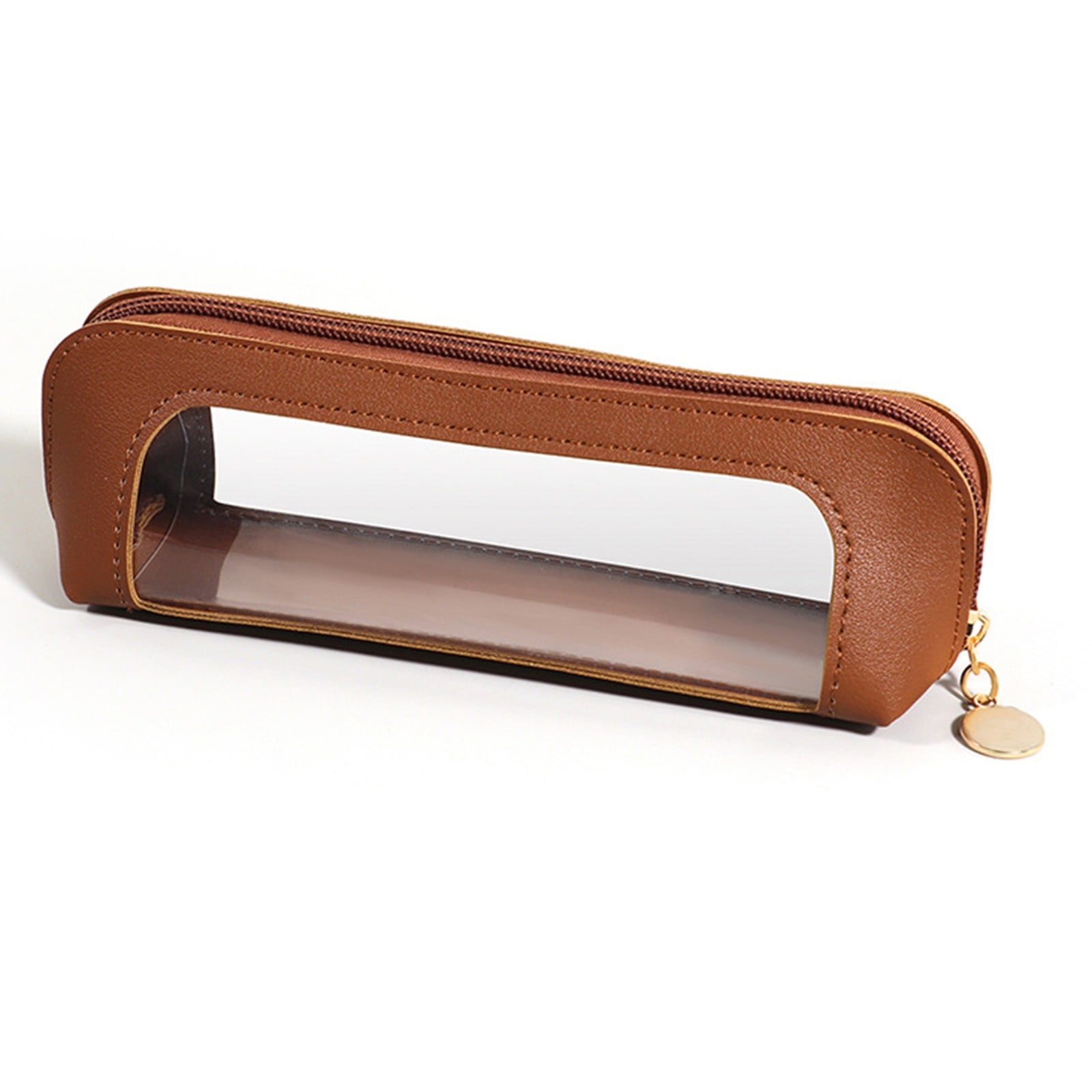 Fufafayo Leather Pencil Case Transparent Stationery Organizer, Fashionable PU Leather Zipper Pouch for Pens Markers Erasers, Large Capacity Study Supplies for Study College Office
