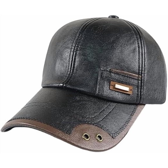 Fufafayo Men's Genuine Leather Baseball Cap, Warm Fleece Lined Winter Hat, Adjustable Outdoor Cap, Fall Winter Headwear, Soft Leather Shell Hat, Windproof Cold Weather Cap, Classic Casual Adjustable