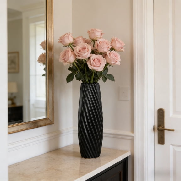 Fufafayo Modern Ribbed Vase Black Twisted Plastic Decorative Vase For Flowers Minimalist Home Decor, Wavy Texture Vase For Table Centerpiece, Decorative Vase For Living Room Bedroom Office