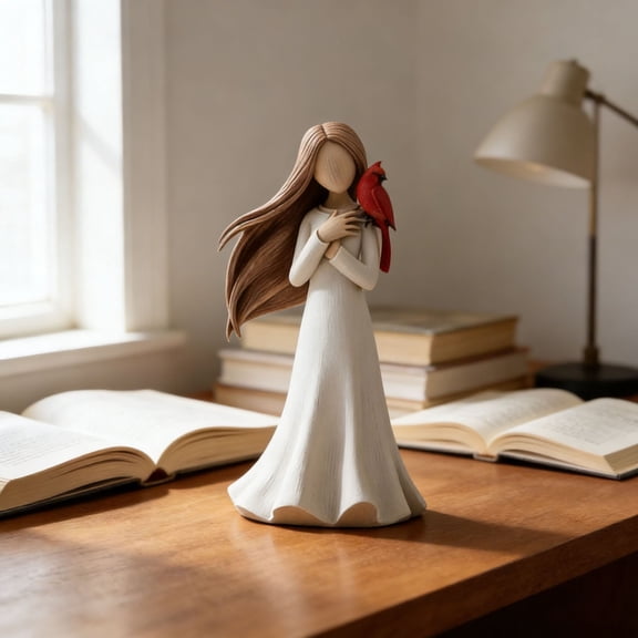 Fufafayo Red Bird Figurine, Cardinal Statue Standing OnGirl's Shoulder, Home Decoration Ornament and Gift for Living Room, Bedside Table or Shelf, Memorial Keepsake for Love and Remembrance