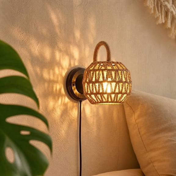 Fufafayo Rope Wall Lamp Indoor Bedroom Sconce, Woven Lampshade Rustic Decor, Boho Wall Lighting for Living Room Dining Room, Handmade Natural Jute Light Fixture for Bedside Hallway