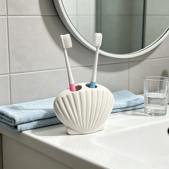 Fufafayo Shell Toothbrush Holder For Bathroom Sink, Ceramic Seashell Style Draining Water Storage Rack, Sea Decor Bathroom Accessories No Drilling, Cute Toothbrush Organizer For Vanity Counter