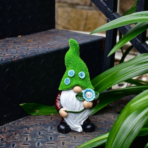 Fufafayo Solar Garden Gnome Statue Outdoor Decor, LED Light Dwarf Figurine With Succulents Wreath, Waterproof Resin Lawn Ornament For Patio Balcony Yard Garden