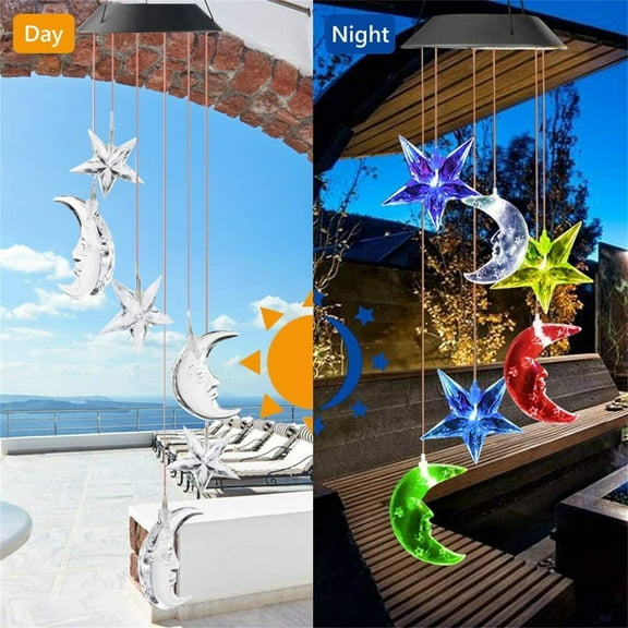 Fufafayo Solar Wind Chime Lights Outdoor Garden Decor, Color Changing LED Spinners String Hanging, Crystal Moon Star Decoration for Patio Yard Party