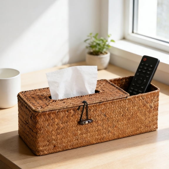 Fufafayo Woven Straw Tissue Box Holder for Living Room Coffee Table, Boho Storage Organizer for Remote Control and Napkins, Multifunctional Wooden Desktop Caddy for Home Decor