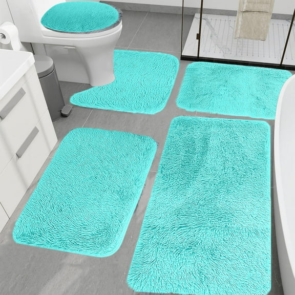Fufafayo under $5 5 Pieces Shaggy Bath Mat Set, Soft Absorbent Plush Bathroom Rugs, Non Slip Microfiber Bath Rugs with U-Shaped Contour Toilet Mat