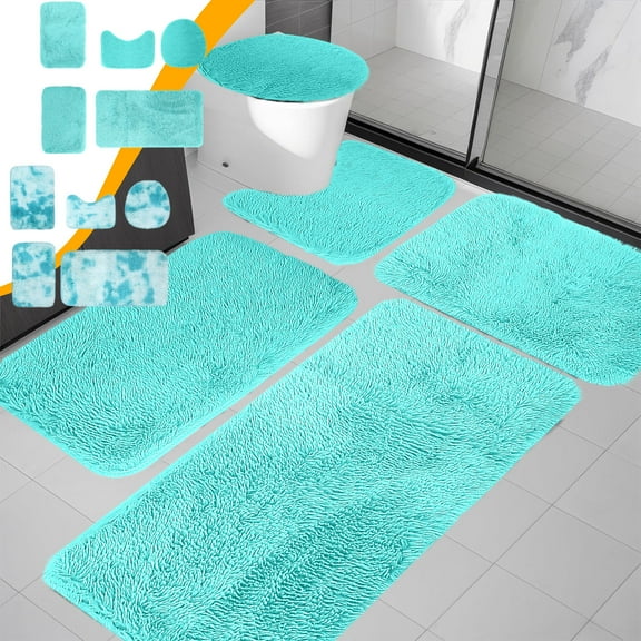 Fufafayo under $5 5 Pieces Shaggy Bath Mat Set, Soft Absorbent Plush Bathroom Rugs, Non Slip Microfiber Bath Rugs with U-Shaped Contour Toilet Mat