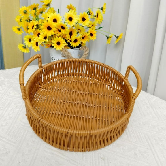 Fufafayo under $5 Rattan Serving Tray with Handles Woven Wicker Tray Round Shallow Rattan Basket Fruit Tray Decor for Serving, 7.9x7.9x3.2Inch
