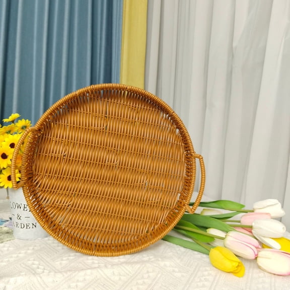 Fufafayo under $5 Rattan Serving Tray with Handles Woven Wicker Tray Round Shallow Rattan Basket Fruit Tray Decor for Serving