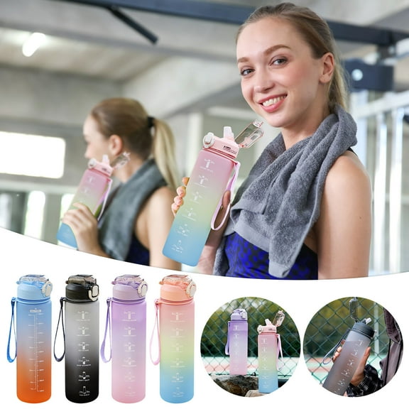 Fufafayo under $5 Water Bottle with Marker 1L Water Bottles, Leakproof Sports Water Bottle with Strap for Fitness, Gym, and Outdoor Sports
