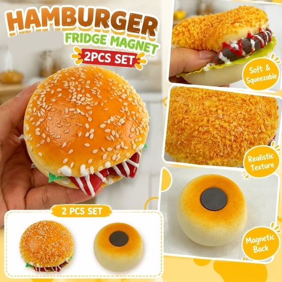 FufuCrick Burger Squishy 2-Pack Refrigerator Magnet Measuring 37.80 inch Squishy Tactile Sensory Gadget Kitchen Decor for Adult Workspace
