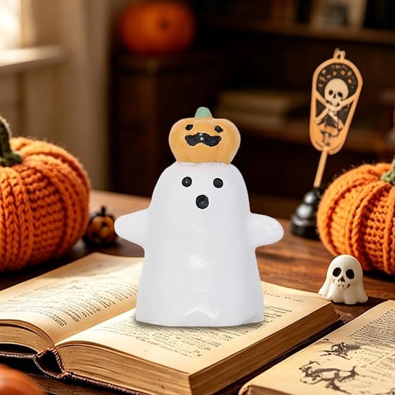 FufuCrick Halloween Decor, Ghost Pumpkin Figurine, Tabletop Ornament, Resin Ghost Character Accessory for Indoor Fall Seasonal Halloween Decorations, White