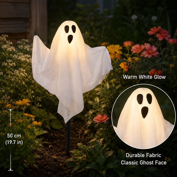 FufuCrick Halloween Ghost Ground Light, 23.6-inch 3-Pack Polyester Ghost Yard Stake Halloween Ground Light for Halloween Decor, Lawn Prop for Halloween Party Decorations, White