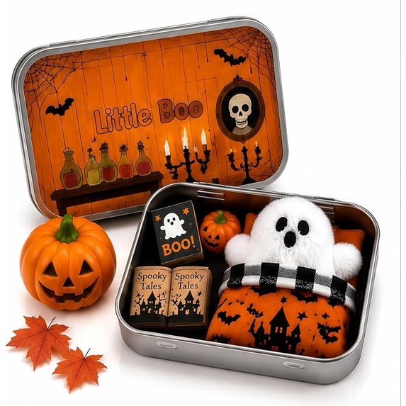 FufuCrick Halloween Gift Box, Iron Little Boo Ghost Pumpkin Gift Box 4x2.4x1.2 Inches for Halloween Decor, Table Ornament for Halloween Party Decorations, Multicolor