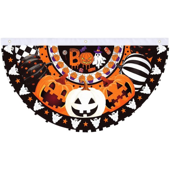 FufuCrick Halloween Half-Round Flag, Half-Circle 35.4x18.9 Inches Decorative Fabric Banner for Halloween Decor, Static Railing Ornamental Display for Halloween Party Decorations, Multicolor