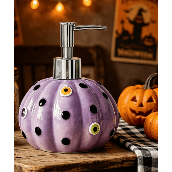 FufuCrick Halloween Soap Dispenser, 6.3 inch Ceramic Purple Eyeball Pumpkin Soap or Lotion Dispenser for Halloween Decor, Pump Bottle for Halloween Party Decorations, Multicolor