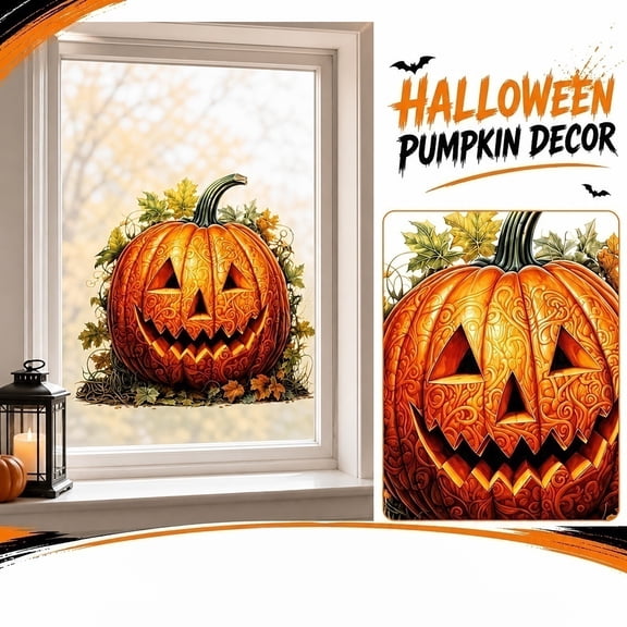 FufuCrick Halloween Stickers, Vintage Style Jack-o'-Lantern Window Cling, Static Cling Carved Pumpkin Decal for Halloween Decor, Decorative Removable Art, Orange