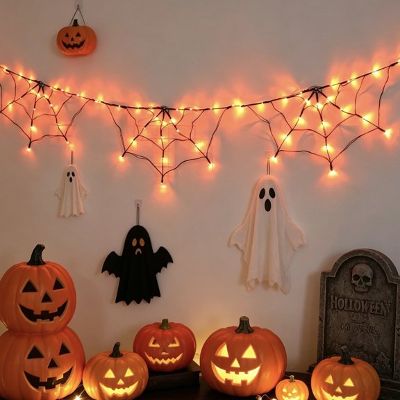 FufuCrick Halloween String Lights, USB Powered Spider Web LED Lamp for Halloween Decor, Static Wall Hanging Display for Halloween Party Decorations, Orange