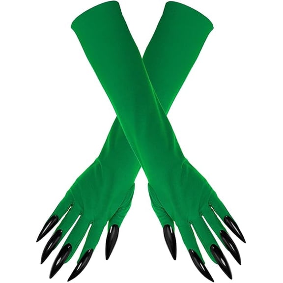 FufuCrick Halloween Witch Gloves, 16.93x3.54 Inch Polyester Witch Party Gloves with Long Nails for Halloween Decor, Themed Prop for Halloween Party Decorations, Green