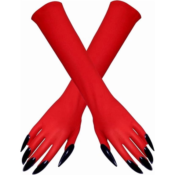 FufuCrick Halloween Witch Gloves, 16.93x3.54 Inch Polyester Witch Party Gloves with Long Nails for Halloween Decor, Themed Prop for Halloween Party Decorations, Red
