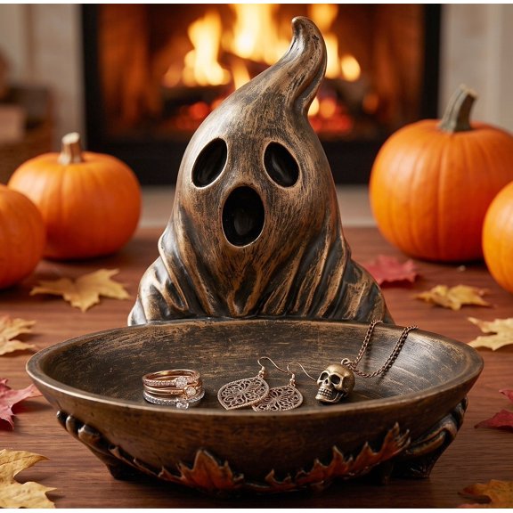 FufuCrick Trinket Box, Trinket Box Ghost Resin Jewelry Holder for Halloween Decor, Static Desktop Tray for Halloween Party Decorations