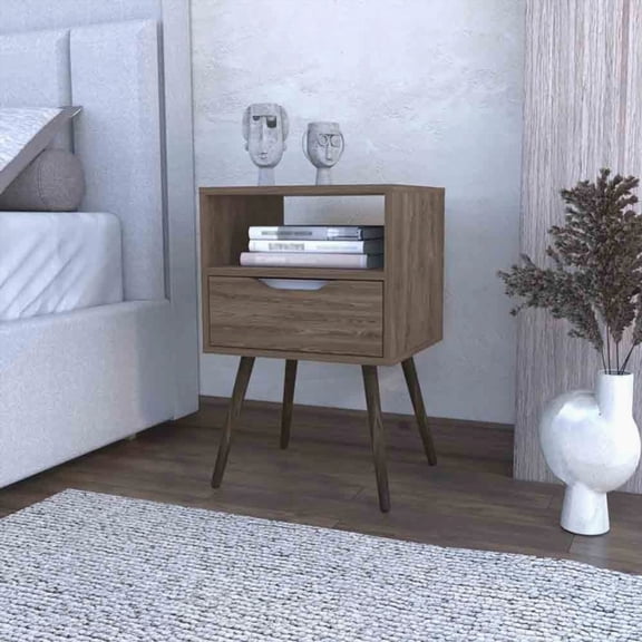 Fugaz Dark Walnut Nightstand with 1 Drawer + Open Shelf