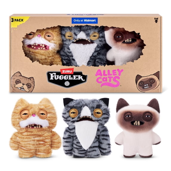 Fuggler Alley Cats 9-Inch Plush Toy (3 PACK) by ZURU – Funny Ugly Monster Stuffed Animal with Human-Like Teeth, Collectible Plush for Kids, Tweens, Teens, Adults & Cat-Loving Weirdos