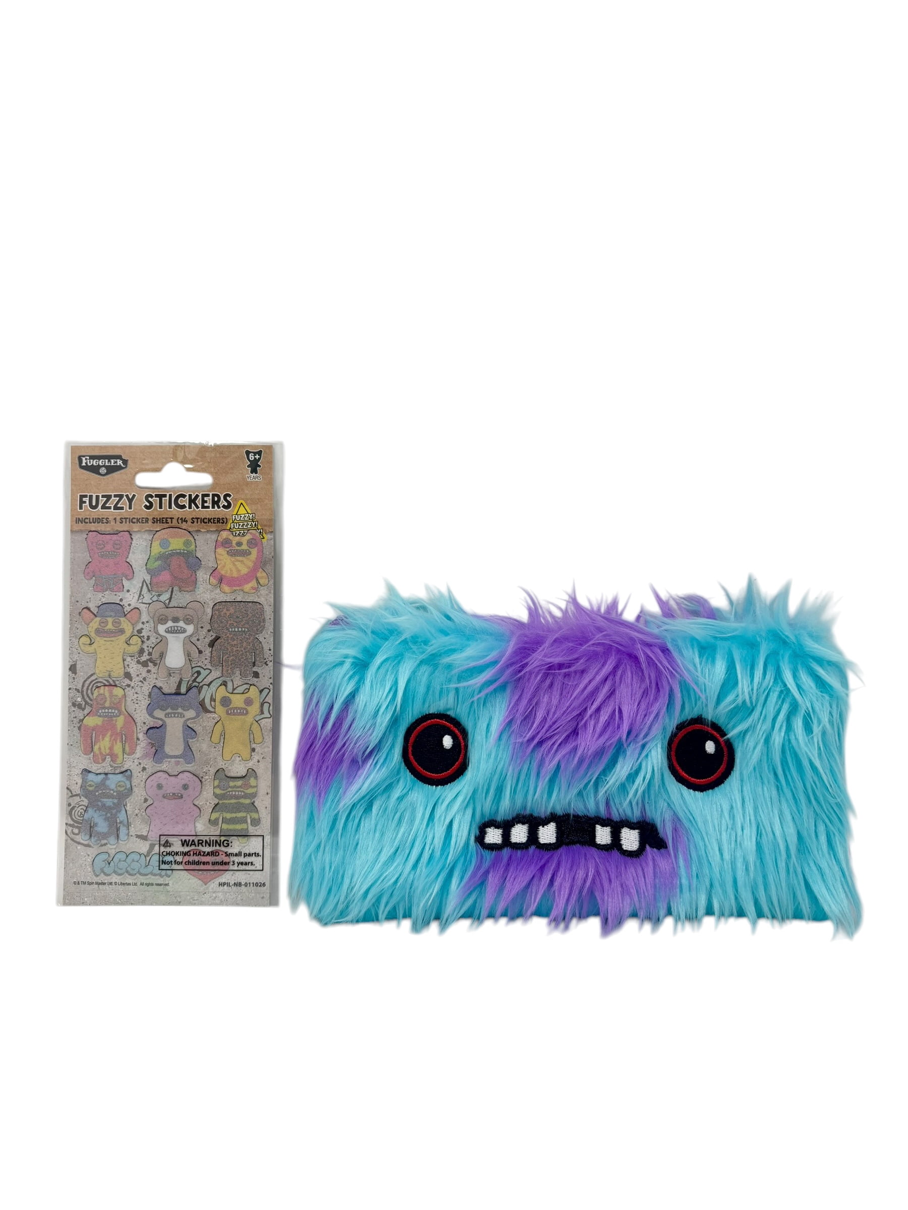 Fuggler Fluffy Blue & Purple Pencil Case Bundle with Fuzzy Sticker Set – Funny Monster Zipper Pouch, Multi-Purpose Organizer for Pens, Makeup & Travel Accessories