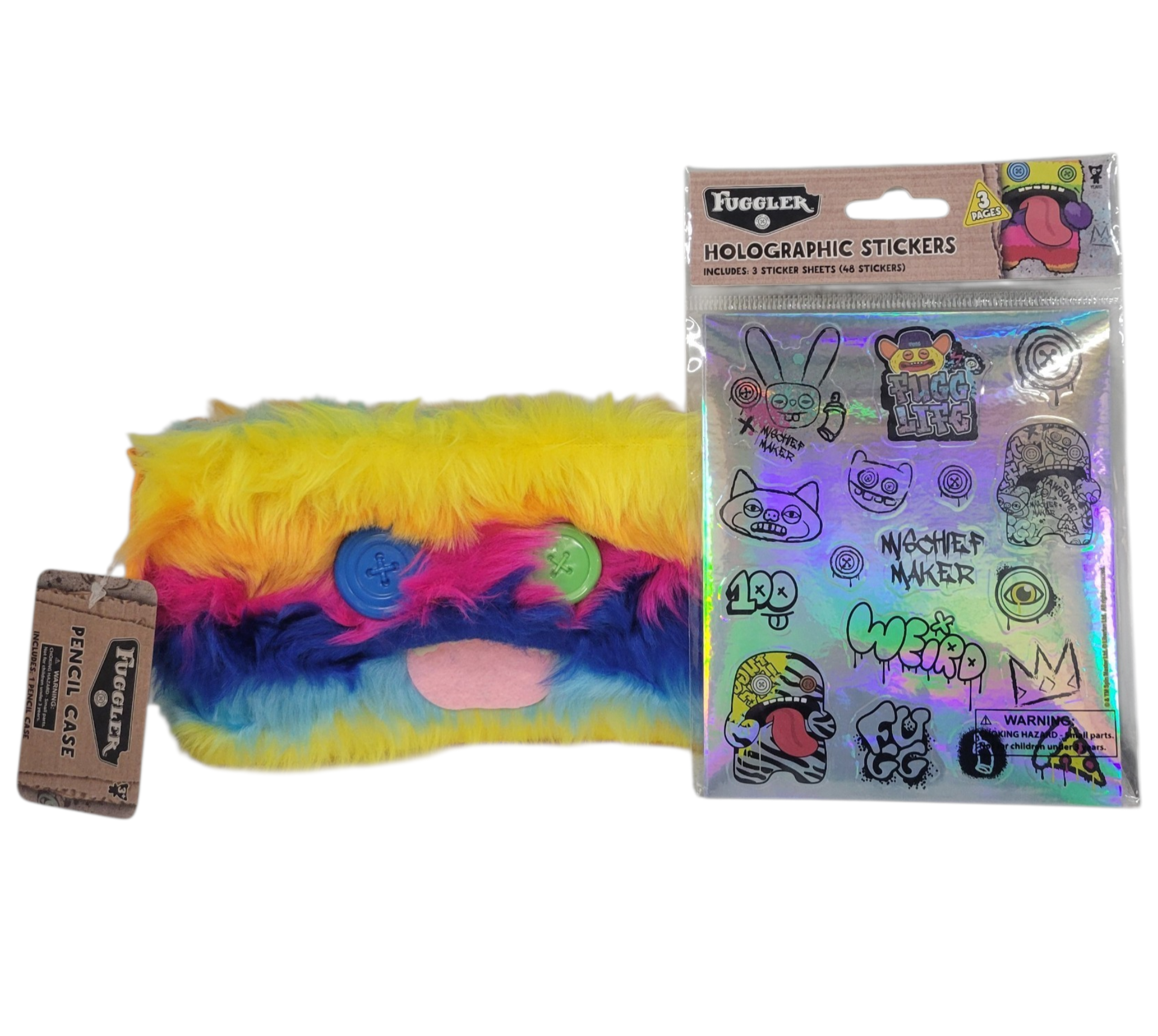 Fuggler Fuzzy Rainbow Striped Pencil Case with Holographic Stickers