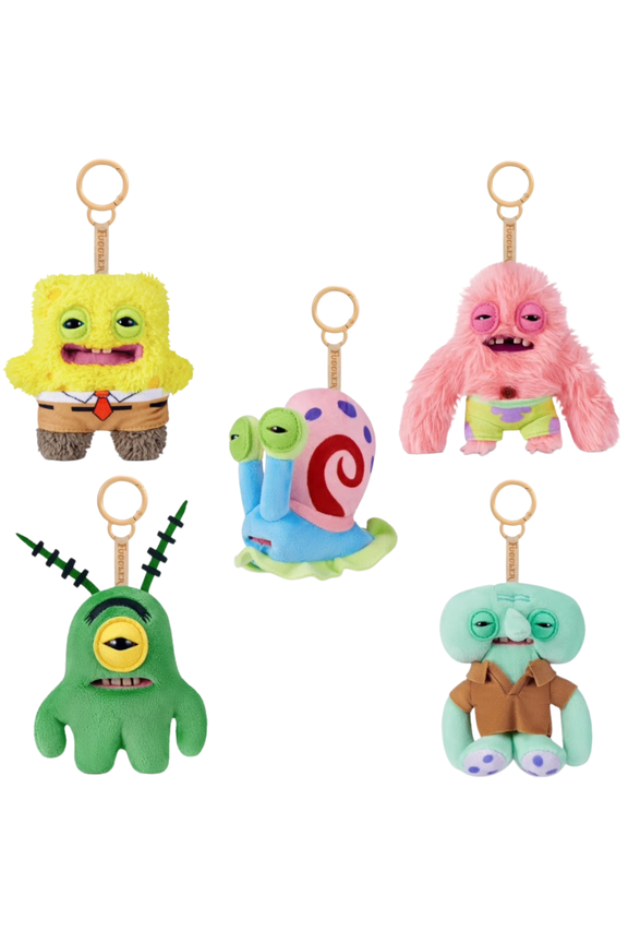 SpongeBob 5-Inch Plush Keyring Set of 5 (Spongebob, Patrick, Squidward, Gary, Plankton) by ZURU - Funny Ugly Monster Stuffed Animal with Human-Like Teeth, Collectible Bag Charm