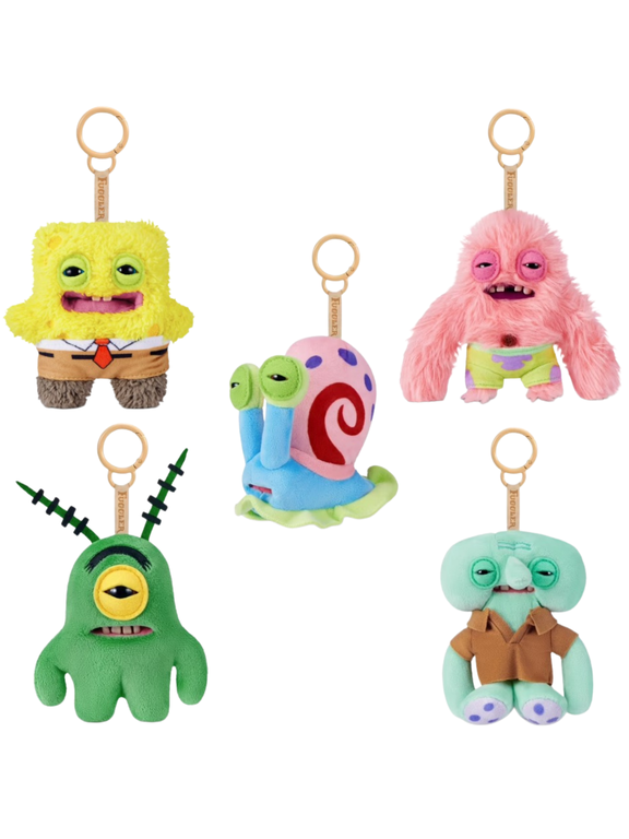 SpongeBob 5-Inch Plush Keyring Set of 5 (Spongebob, Patrick, Squidward, Gary, Plankton) by ZURU - Funny Ugly Monster Stuffed Animal with Human-Like Teeth, Collectible Bag Charm