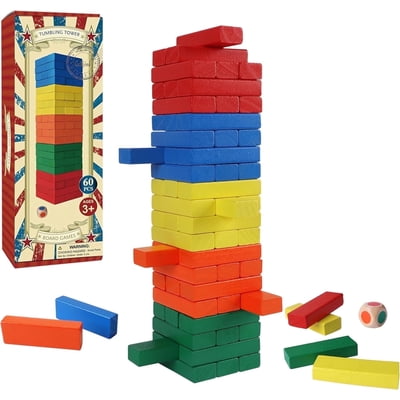 Fugocen 60PCS Toppling Colorful Tower Building Blocks Balancing Puzzles with Dice