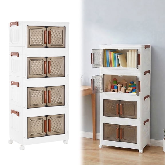 Fuilayi 4-Tier Stackable Storage Box - Modern Style Locker/Bookshelf with Lid, Doors, and Wheels, Suitable for Bedrooms and Offices (Transparent)