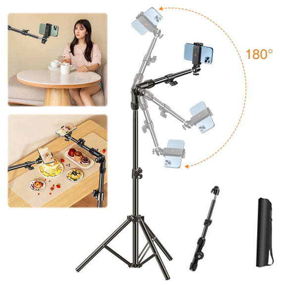 Fuilayi 66in Phone Tripod, Multi-functional Telescopic Crossbar Support, Freely Rotating and Height Adjustable with Storage Bag, Suitable for Recording/Watching/Vlog