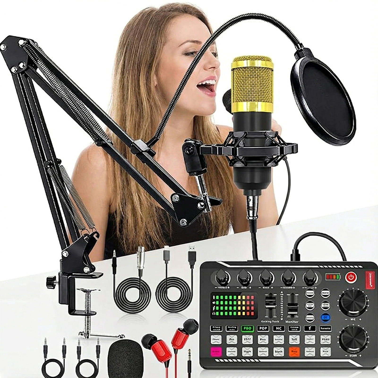 Fuilayi Podcast Microphone Suit with Sound Card Audio Mixer Noise Cancelling DJ Mixer Voice Changer Studio Condenser Microphones (Black Yellow)