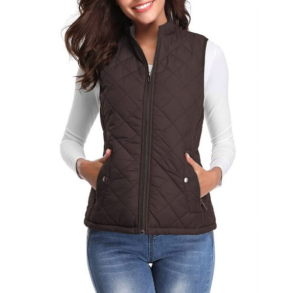 Fuinloth Women Quilted Vest, Stand Collar Lightweight Zip Padded Gilet Outerwear Coats Chocolate XS