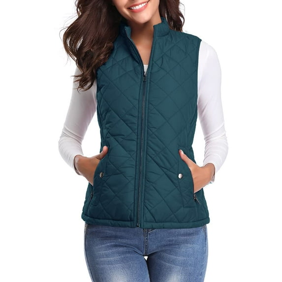 Fuinloth Women Quilted Vest, Stand Collar Lightweight Zip Padded Gilet Outerwear Coats Forest Green XL