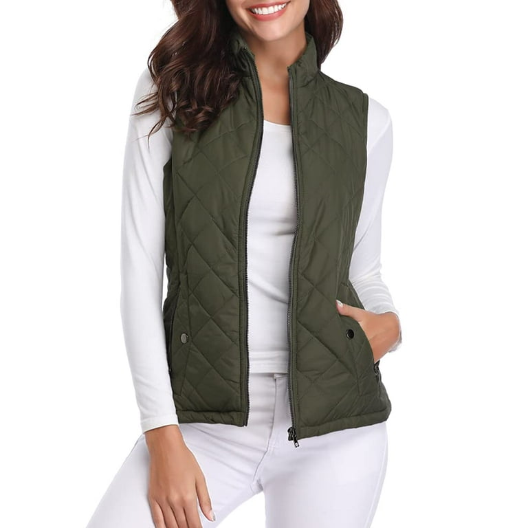 Fuinloth Women Quilted Vest Stand Collar Lightweight Zip Padded Gilet Outerwear Coats Green XS